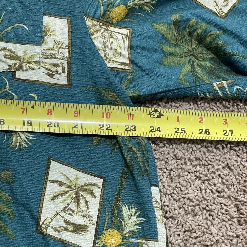 Bermuda Bay Shirt Mens Large Teal Blue Silk Tropical Palm Tree Button Down - Picture 7 of 10